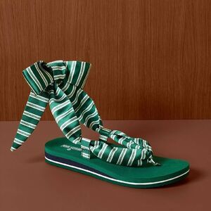 Rosie Assoulin Striped Flat Sandals Bow Tie Ankle Strap Green Womens size 9 NEW